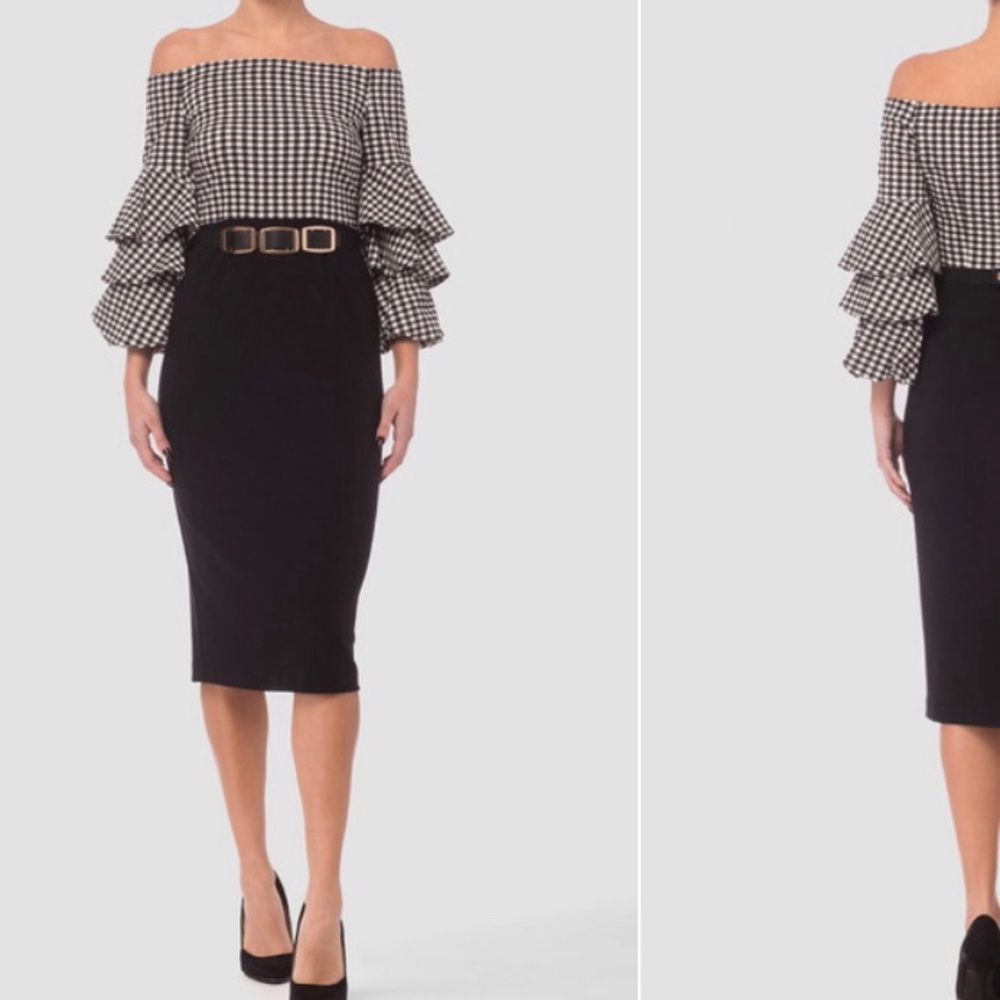 Joseph Ribkoff off-the-shoulder checkered w/b dres